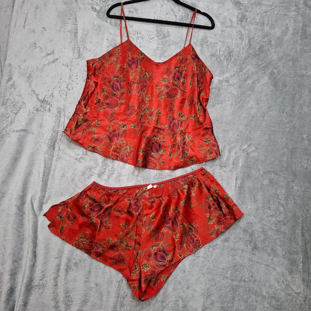 Vtg 80s Womens 18/20 Paisley Floral Satin Pajama Sleep Shorts Set Lingerie Silky